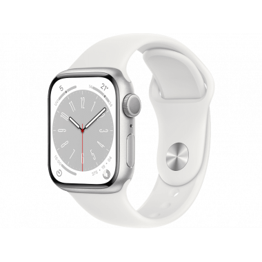 Apple Watch Series 8 41 mm (GPS) Silber Aluminiumgehäuse mit weißem Sportarmband M/L
