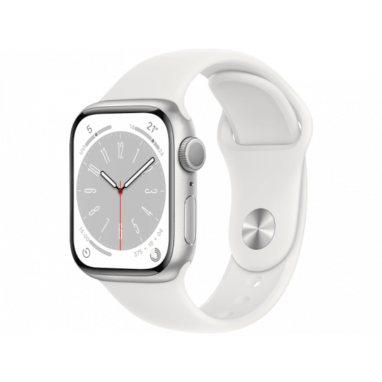 Apple Watch Series 8 41 mm (GPS) Silber Aluminiumgehäuse mit weißem Sportarmband M/L