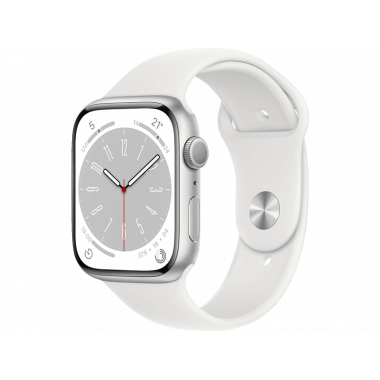 Apple Watch Series 8 45 mm (GPS) Silber Aluminiumgehäuse mit weißem Sportarmband M/L