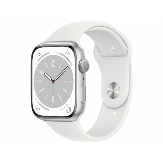 Apple Watch Series 8 45 mm (GPS) Silber Aluminiumgehäuse mit weißem Sportarmband M/L