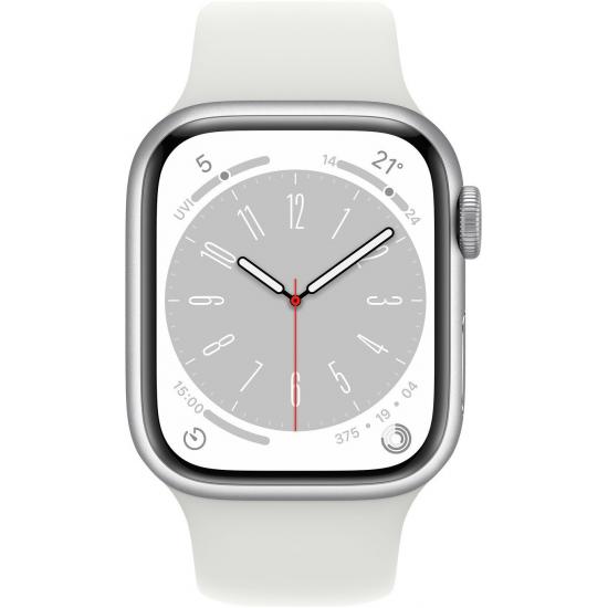 Apple Watch Series 8 41 mm (GPS) Silber Aluminiumgehäuse mit weißem Sportarmband M/L