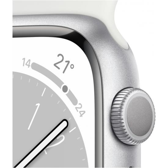 Apple Watch Series 8 41 mm (GPS) Silber Aluminiumgehäuse mit weißem Sportarmband M/L