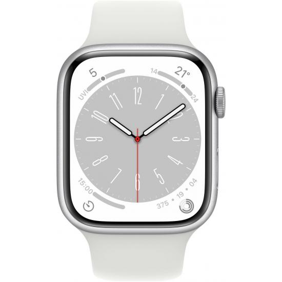 Apple Watch Series 8 45 mm (GPS) Silber Aluminiumgehäuse mit weißem Sportarmband M/L