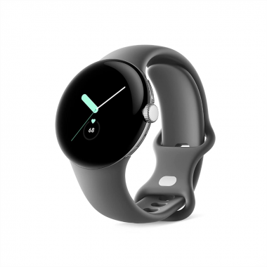 Google Pixel Watch (Wi-Fi, 41 mm) Edelstahlgehäuse in poliertem Silber mit Sports Active-Armband in Anthrazit