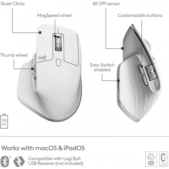 Logitech MX Master 3S für Mac - Ultraschnell scrollende Bluetooth-Maus (Hellgrau)