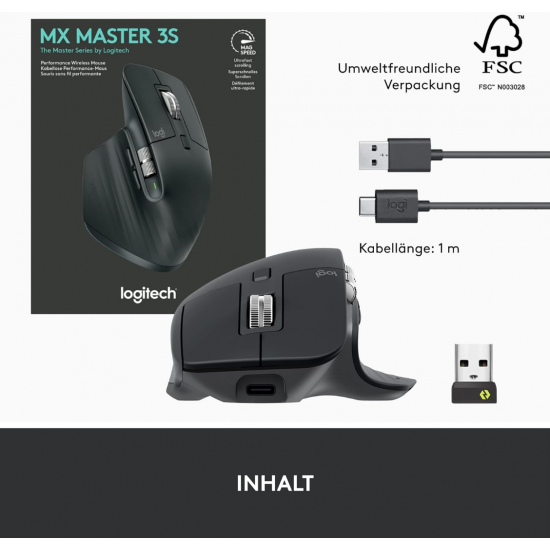 Logitech MX Master 3S - Kabellose Performance-Maus mit Ultraschnellem Scrollen (Dunkelgrau)