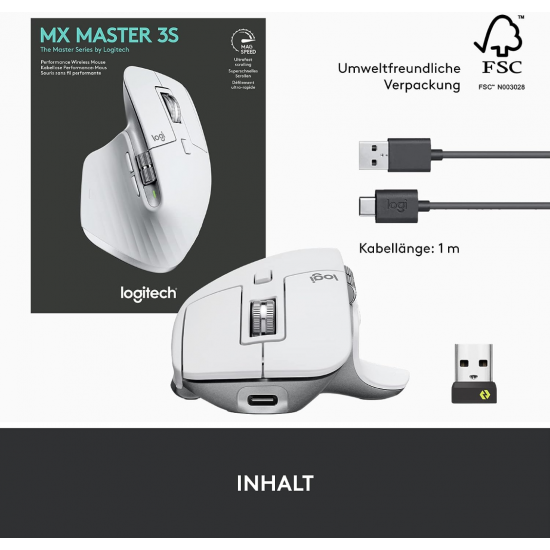 Logitech MX Master 3S - Kabellose Performance-Maus mit Ultraschnellem Scrollen (Hellgrau)