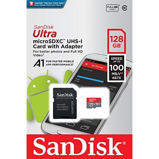 SanDisk Ultra microSDXC UHS-I Speicherkarte 128 GB + Adapter (A1, Class 10, U1, Full HD-Videos, bis zu 120 MB/s Lesegeschwindigkeit)