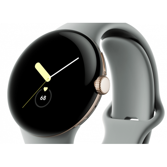 Google Pixel Watch (Wi-Fi, 41 mm) Edelstahlgehäuse in Champagnergold mit sportlichem Sportarmband in Haselnussbraun