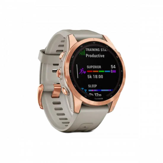 Garmin Fenix 7S Solar Edition (42 mm) – Roségold mit hellem Sandband