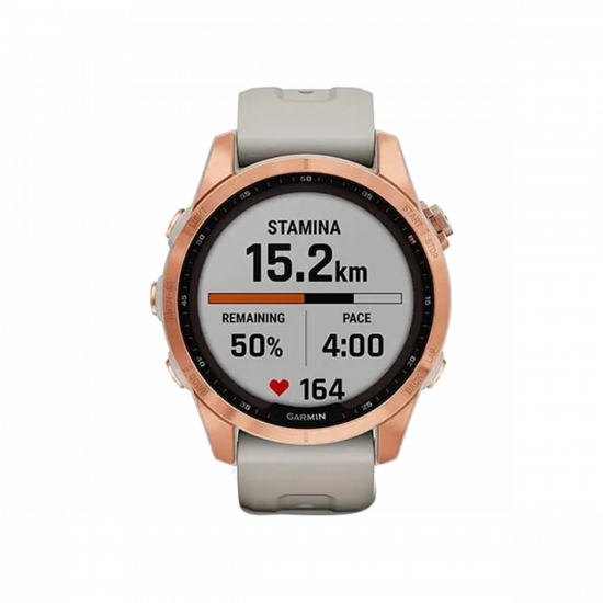 Garmin Fenix 7S Solar Edition (42 mm) – Roségold mit hellem Sandband