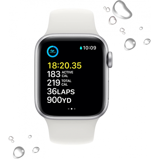 Apple Watch SE 2022 2. Generation (GPS, 40 mm) – Silbernes Aluminiumgehäuse mit weißem Sportarmband S/M