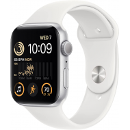 Apple Watch SE 2022 2. Generation (GPS, 44 mm) – Silbernes Aluminiumgehäuse mit weißem Sportarmband M/L