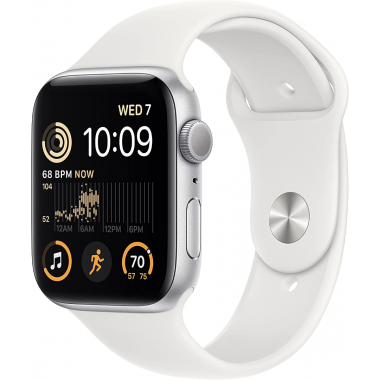 Apple Watch SE 2022 2. Generation (GPS, 44 mm) – Silbernes Aluminiumgehäuse mit weißem Sportarmband M/L