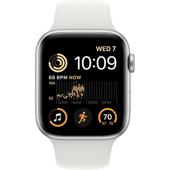 Apple Watch SE 2022 2. Generation (GPS, 44 mm) – Silbernes Aluminiumgehäuse mit weißem Sportarmband S/M