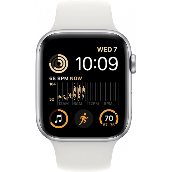 Apple Watch SE 2022 2. Generation (GPS, 44 mm) – Silbernes Aluminiumgehäuse mit weißem Sportarmband M/L