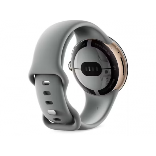 Google Pixel Watch (Wi-Fi, 41 mm) Edelstahlgehäuse in Champagnergold mit sportlichem Sportarmband in Haselnussbraun