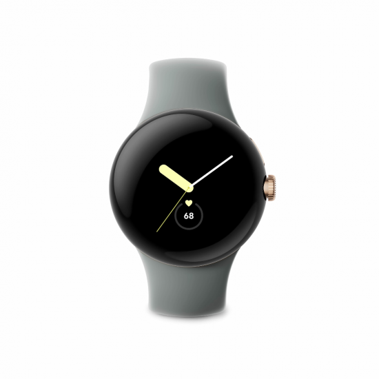 Google Pixel Watch (Wi-Fi, 41 mm) Edelstahlgehäuse in Champagnergold mit sportlichem Sportarmband in Haselnussbraun