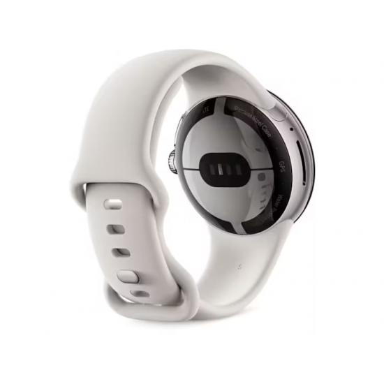 Google Pixel Watch (Wi-Fi, 41 mm) Edelstahlgehäuse in poliertem Silber mit Chalk Sports Active-Armband