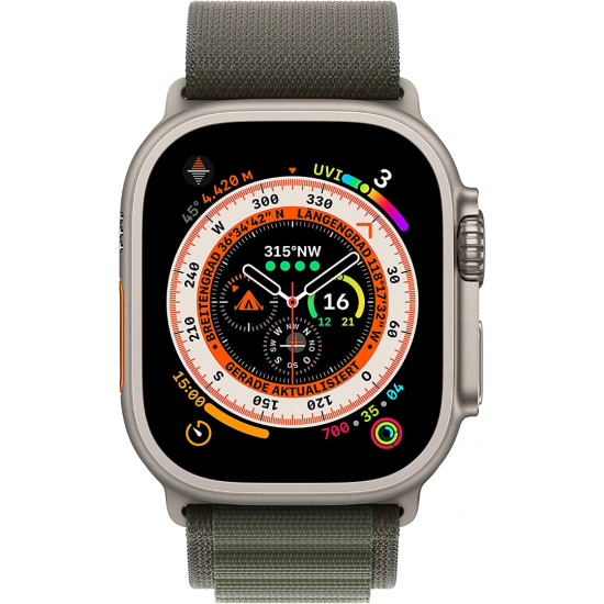 Apple Watch Ultra (GPS + Cellular, 49 mm) Smartwatch-Titangehäuse mit Grün Alpine Loop - M