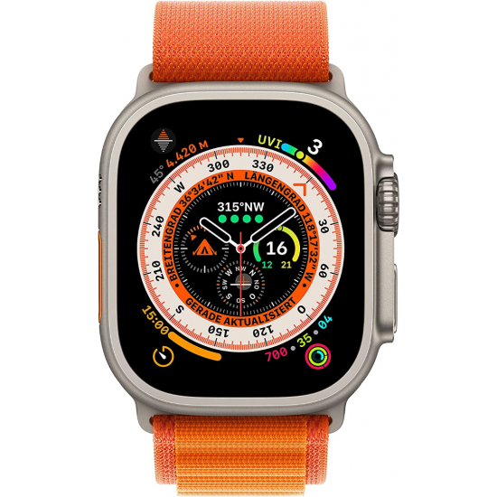 Apple Watch Ultra (GPS + Cellular, 49 mm) Smartwatch-Titangehäuse mit Orange Alpine Loop - L