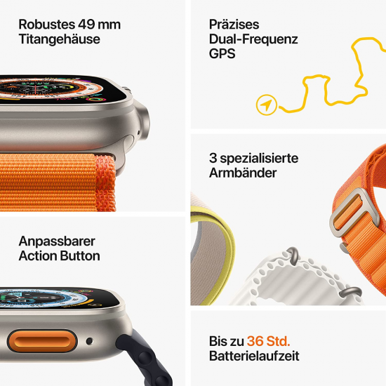 Apple Watch Ultra (GPS + Cellular, 49 mm) Smartwatch-Titangehäuse mit Orange Alpine Loop - S